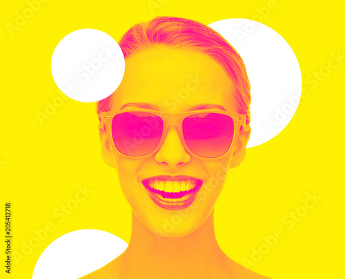 happiness and people concept - portrait of happy amazed teenage girl in sunglasses, trendy duotone effect