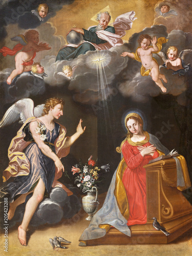 PARMA, ITALY - APRIL 16, 2018: The painting of Annunciation in church Chiesa di San Vitale by Giuseppe Fava (1688).