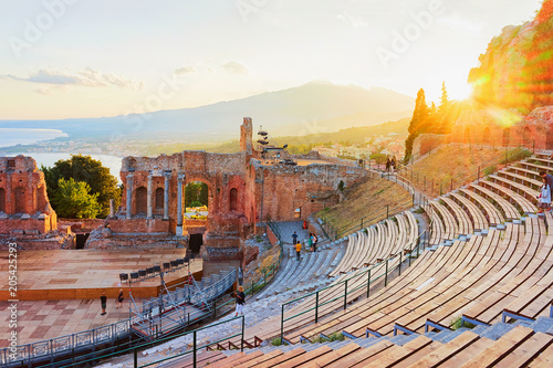 Sunset at Greek theater of Taormina Sicily