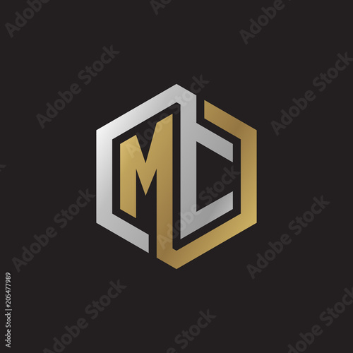 Initial letter MC, looping line, hexagon shape logo, silver gold color on black background