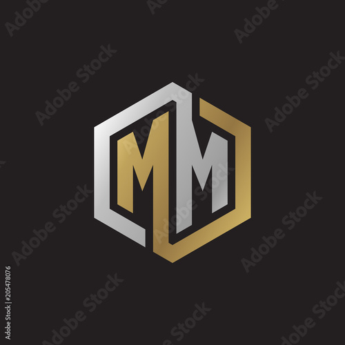 Initial letter MM, looping line, hexagon shape logo, silver gold color on black background