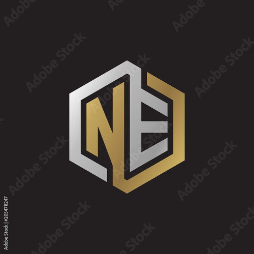Initial letter NE, looping line, hexagon shape logo, silver gold color on black background