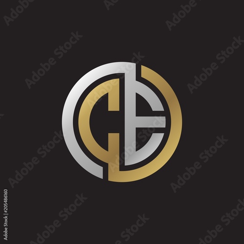 Initial letter CE, looping line, circle shape logo, silver gold color on black background