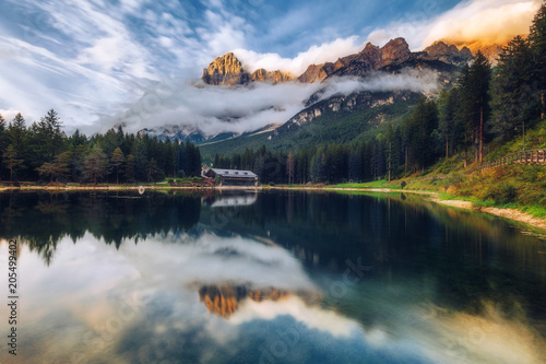 Lake San Vito di Cadore (lake Mosigo) in Boite valley in the domain of Mount Antelao also called King of the Dolomites. Italian Dolomites Alps Scenery, Italy, Europe.