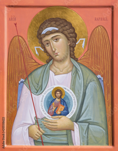 BOLOGNA, ITALY - APRIL 18, 2018: The icon of Archangel Raphael in church Chiesa di San Pietro by Mauro Feliciani.