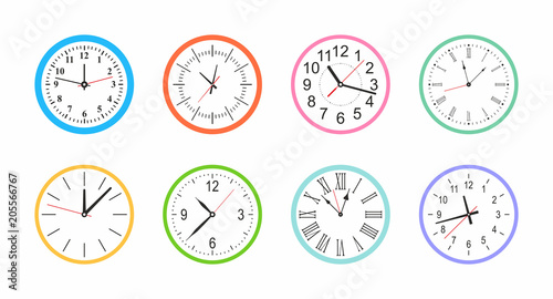 Set of Colorful Round wall clock. flat style. isolated on white background