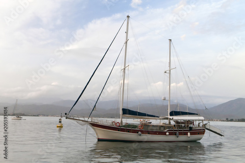 Two-masted sailboat in the harbor of Fethiye, Turkey