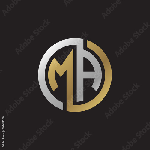 Initial letter MA, looping line, circle shape logo, silver gold color on black background