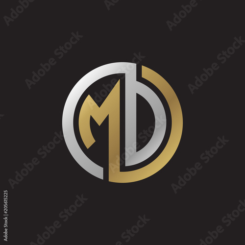 Initial letter MD, MO, looping line, circle shape logo, silver gold color on black background