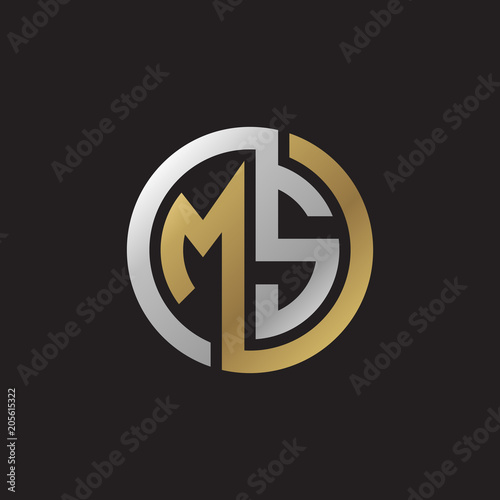 Initial letter MS, looping line, circle shape logo, silver gold color on black background