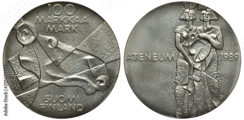 Finland Finnish coin one hundred mark 1990, Ateneum Central Museum of Arts, moose head, stylized female figures, silver,