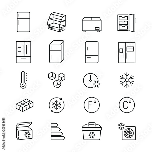 Fridge related icons: thin vector icon set, black and white kit