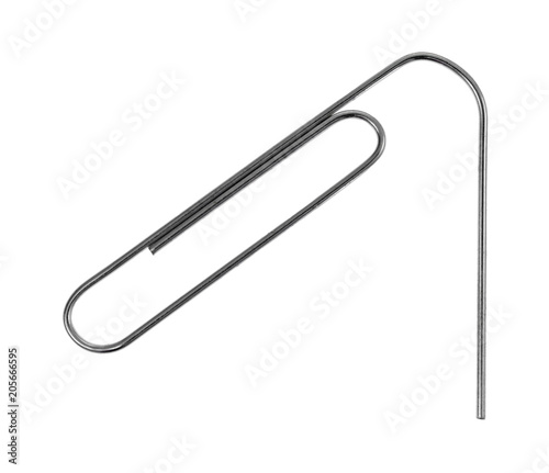 Bent paper clip on a white background.