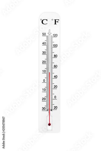 Atmospheric plastic meteorology thermometer isolated on white background. Air temperature 11 degrees.