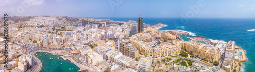 Beautiful aerial view of the Spinola Bay, St. Julians and Sliema town on Malta. 