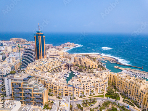 Beautiful aerial view of the Spinola Bay, St. Julians and Sliema town on Malta. 