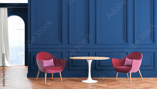 Empty room modern classic interior with blue, indigo walls, red, burgundy armchairs, table, curtain and window.