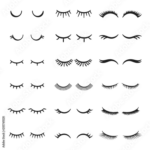 Pretty beauty closed eyes girl with shiny beautiful black eyelashes. Fabulous eyelash vector set