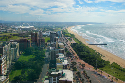Aerial view of Durban "Golden Mile" beach looking east, KwaZulu-Natal province of South Africa
