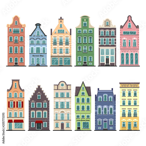 Set of 12 Amsterdam old houses cartoon facades. Traditional architecture of Netherlands. Colorful flat isolated illustrations in the Dutch style.