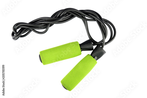 Green jump rope or skipping rope isolated on white background. Sports, fitness, cardio, martial art and boxing accessories. Top view