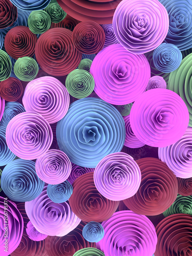 Abstract Illustration of paper-crafted, quilling flowers with different shades of spring colors. 3d rendering