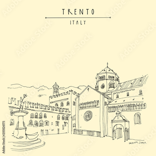 Trento, Italy. Cathedral Squar and the Fountain of Neptune. Hand drawn vintage touristic postcard