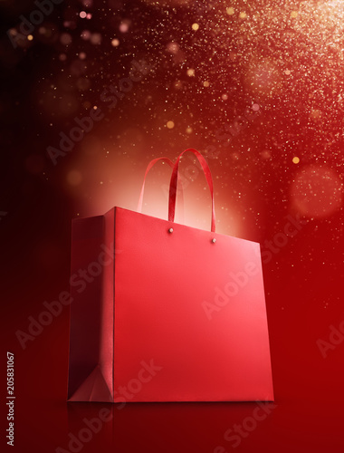 Red shopping bag with falling glitter