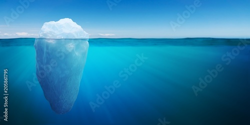 Underwater view on big iceberg floating in ocean. 3D rendered illustration.