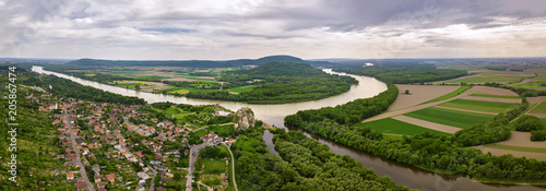 Panoramic aerial view of old fort on Danube river. Devin