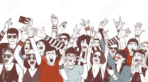 Crowd of happy people or music fans screaming, singing and dancing with raised hands. Excited spectators or audience of summer open air festival. Colored hand drawn realistic vector illustration.