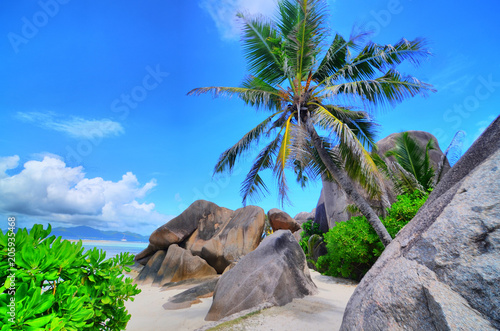 Granite rock formations on beaches of the island La Digue , Seychelles 