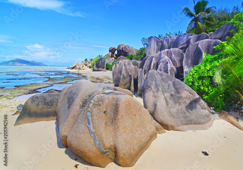 Granite rock formations on beaches of the island La Digue , Seychelles 