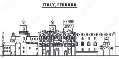 Italy, Ferrara line skyline vector illustration. Italy, Ferrara linear cityscape with famous landmarks, city sights, vector design landscape. 