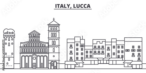 Italy, Lucca line skyline vector illustration. Italy, Lucca linear cityscape with famous landmarks, city sights, vector design landscape. 