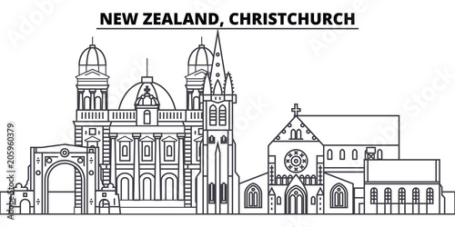 New Zealand, Christchurch line skyline vector illustration. New Zealand, Christchurch linear cityscape with famous landmarks, city sights, vector design landscape. 