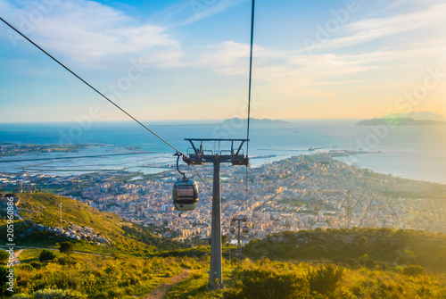 View of the sicilian city Trapani from a chair lift leading to the erice village, Italy