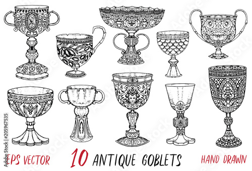 Vintage collection with ten antique goblets. Hand drawn doodle engraved illustration with graphic drawings