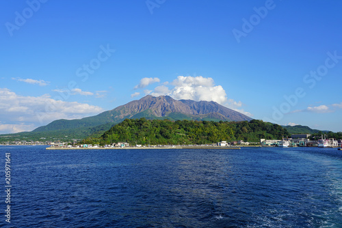 View of the Sakurajima (cherry blossom island), an active volcano seen from Kagoshima in Kyushu, Japan