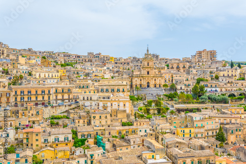 Aerial view of modica overlooking cathedral of saint george, Sicily, Italy