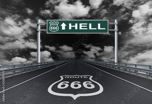 Highway with a text Hell on the road sign. Road to Hell