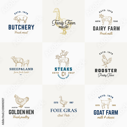 Premium Quality Retro Cattle and Poultry Vector Signs or Logo Templates Set. Hand Drawn Vintage Domestic Animals and Birds Sketches with Classy Typography, Pig, Cow, Chicken, etc.