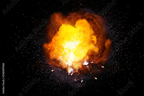 Realistic fiery bomb explosion with sparks and smoke isolated on black background