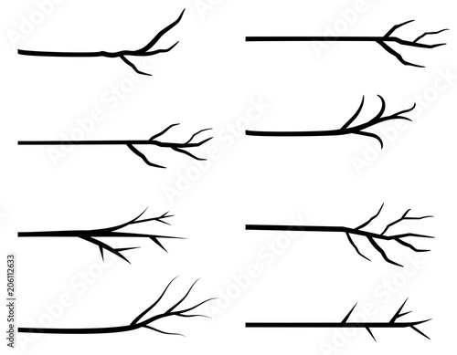 Black vector tree branch silhouettes without leaves for graphic design, bare twigs for backgrounds and greeting cards