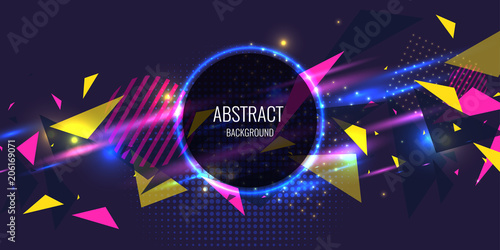 Abstract poster for the placement of text and information. Geometric shapes and neon glow against.