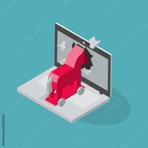 Trojan virus vector symbol with laptop and red trojan horse isolated on blue background. Flat design, easy to use for your website or presentation.