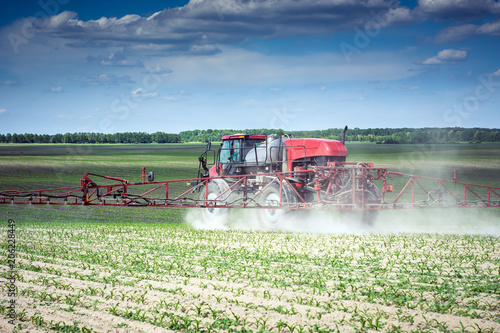 self-propelled sprayer makes herbicide on the field of young corn