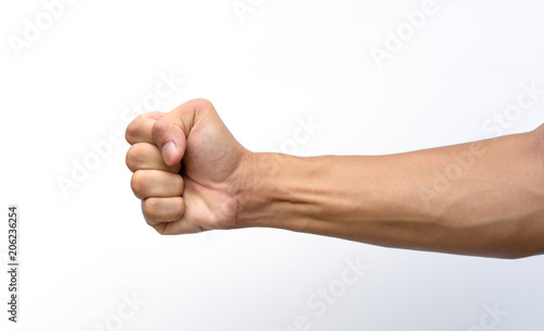 Male clenched fist with blood veins represents the strength isolated on white background with clipping path.