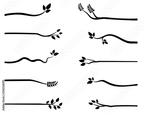 Simple vector tree branch silhouettes with leaves in black for graphic design, backgrounds and greeting cards