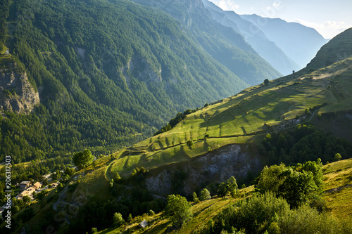 Terrace farming in the Romanche Valley in summer. Le Chazelet, Ecrins National Park, Hautes-Alpes, French Alps, France